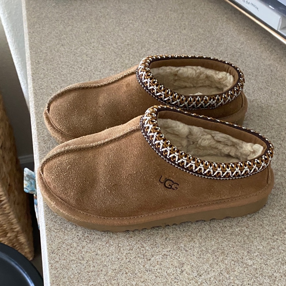 UGG Tasman Tan Suede Slip-Ons with Patterned Trim